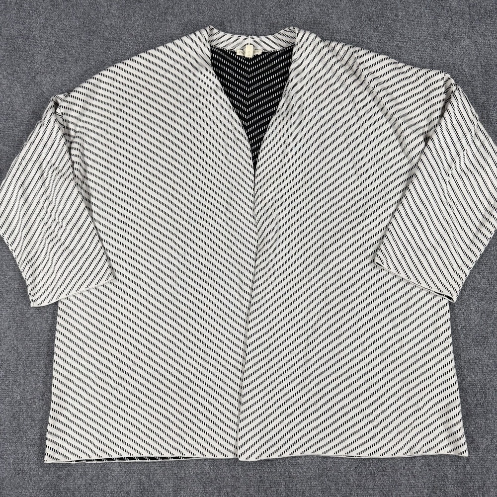 Eileen Fisher Silk Cotton Cardigan Sweater Large Black White Print Open Organic